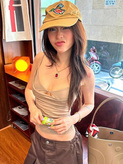 Khaki Hollow Low-Neck Sleveless Top