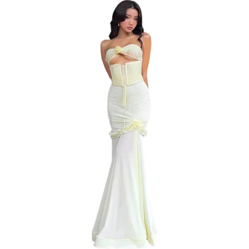Patchwork Mesh Maxi Dress Shirring Fishtail Ruffles Hollow Bandage Banquet