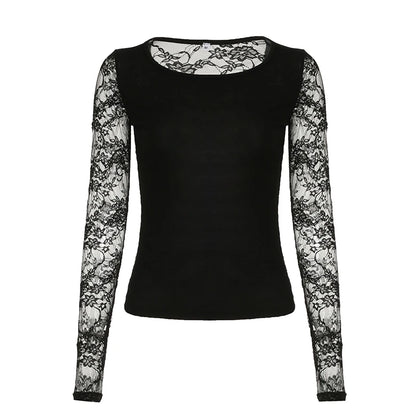 Lace Patchwork Slim Fit Crewneck Tee Black Top black