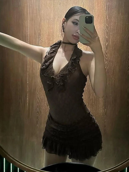 Lace Halter Mini Dress with 3D Flower Ornaments