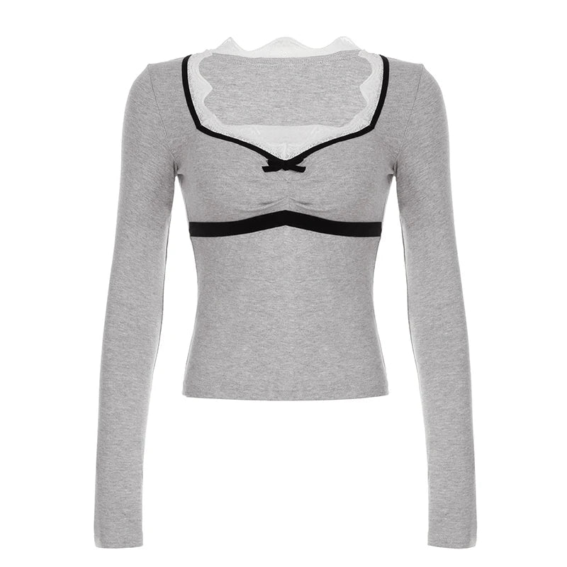 Lace Patchwork Slim Tee Shirts Long Sleeves V-neck s Bows Top