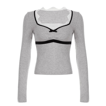 Gray Lace Slim Long Sleeve Top