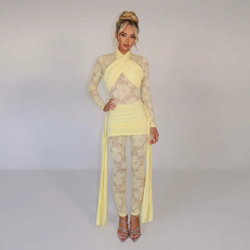One Piece Long Sleeve See Through Lace Mesh Jumpsuit
