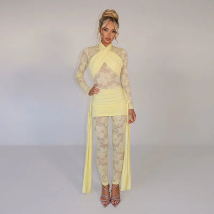 One Piece Long Sleeve See Through Lace Mesh Jumpsuit