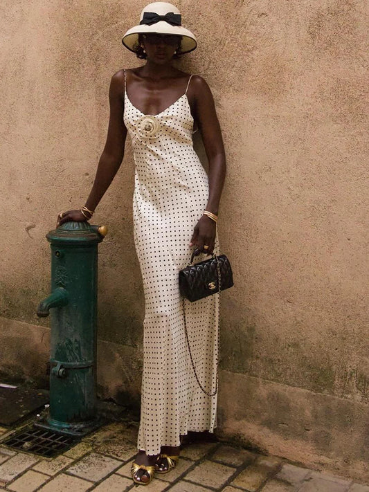 White Polka Dot Backless 3D Flower Slim Maxi Dress