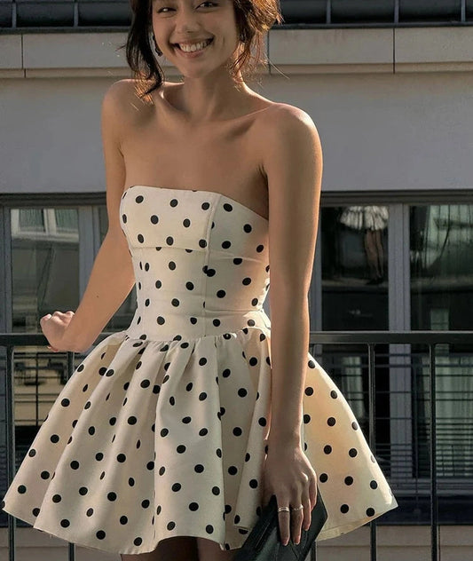 White Polka Dot Backless Mini Dress with Bow