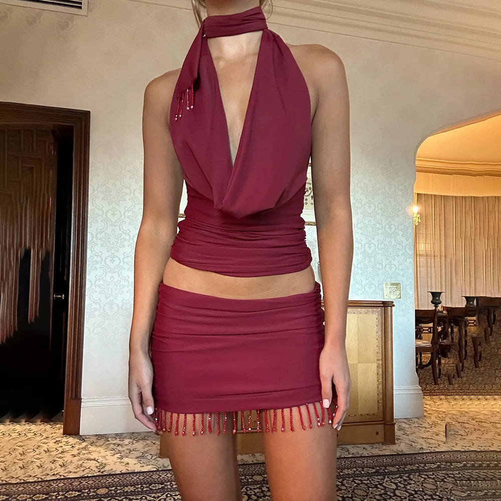 Burgundy Top and Mini Skirt Bodycon Two Piece Set