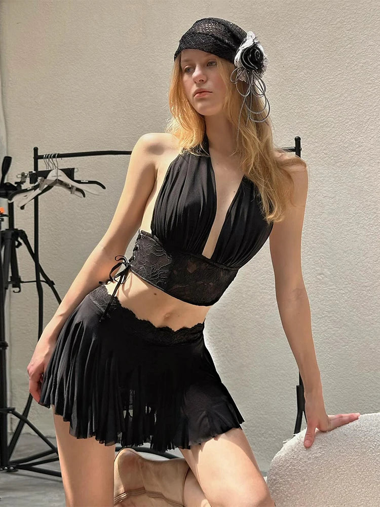 2Piece Set Y2K Patchwork Lace V-Neck Sleeveless Backless Folds Halter Top Wave Edge Skirt Matching Suit