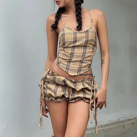 Khaki Plaid Backless Sleeveless Top And Ruffle Shorts Two Piece Set