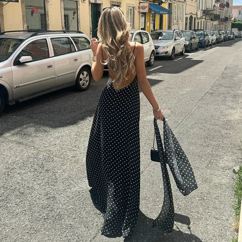 Black Polka Dot V-Neck Backless Maxi Dress
