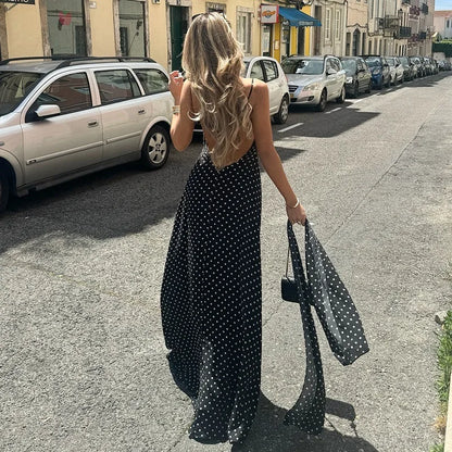 Black Polka Dot V-Neck Backless Maxi Dress