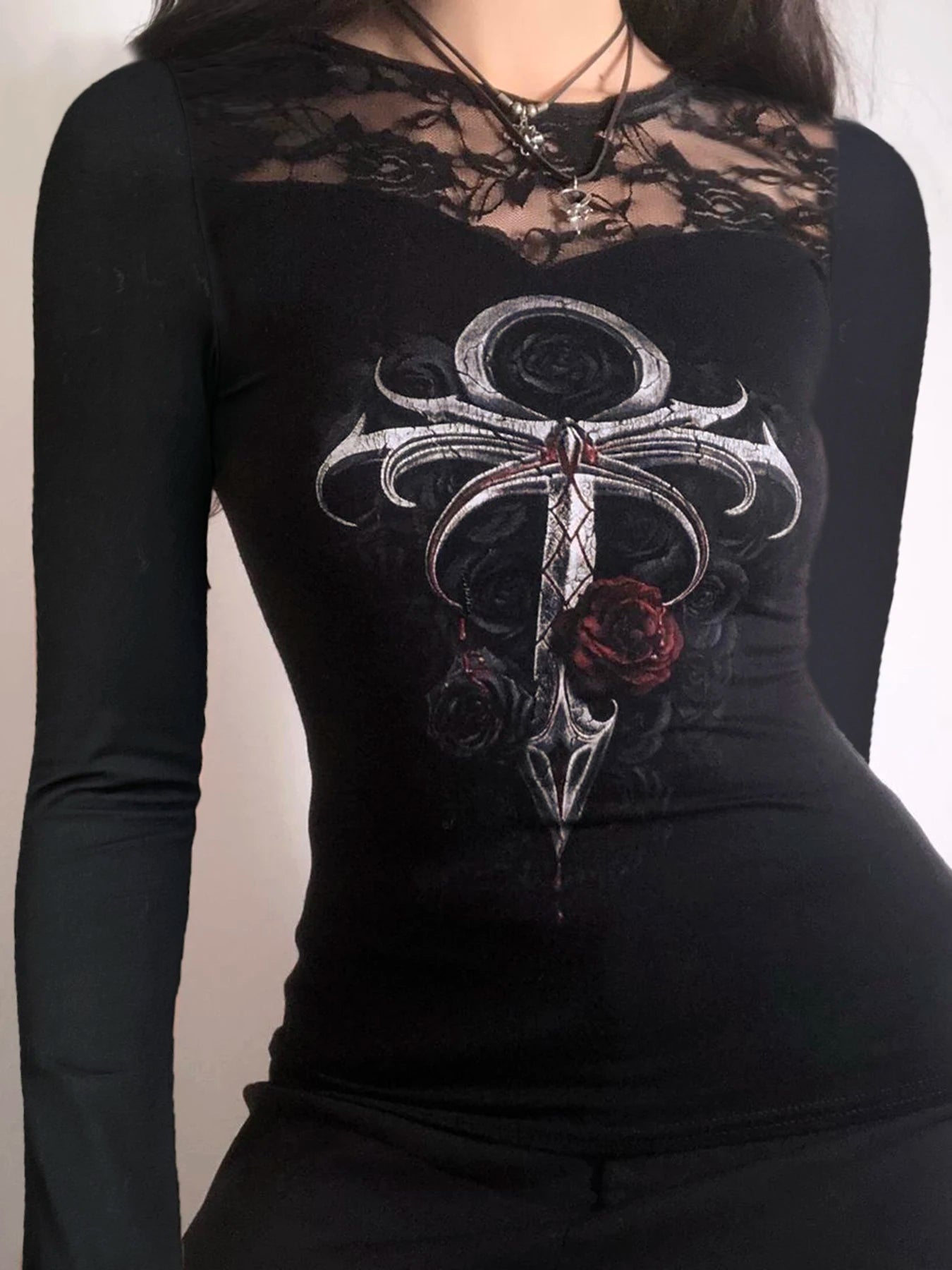 Gothic Lace Print Slim Top Long Sleeves Tee Shirts ing