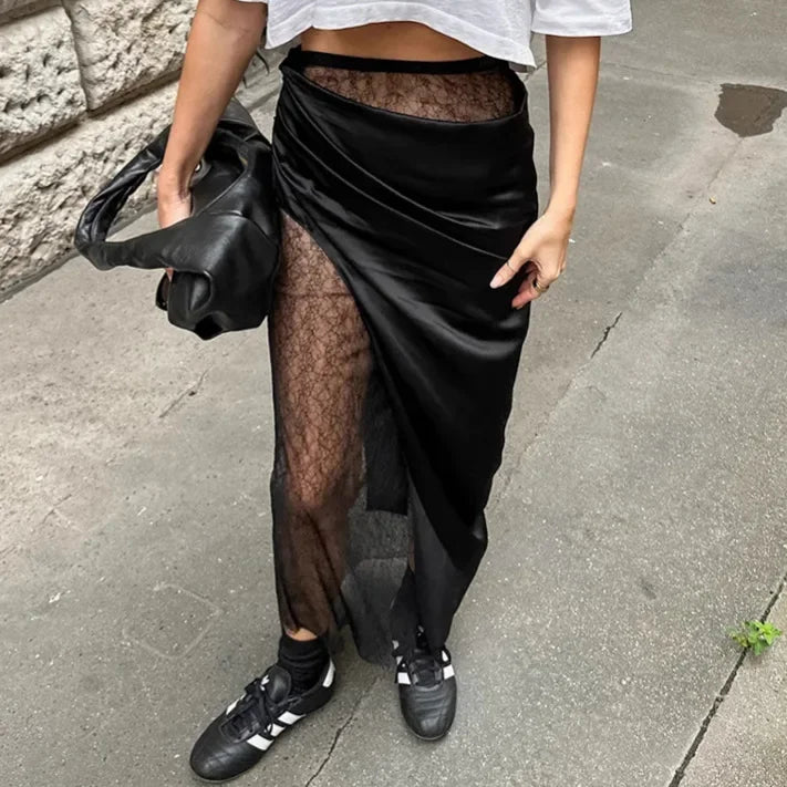Black Lace Splice Skirt See Through High Waist Skirt Mid-Length Skirts