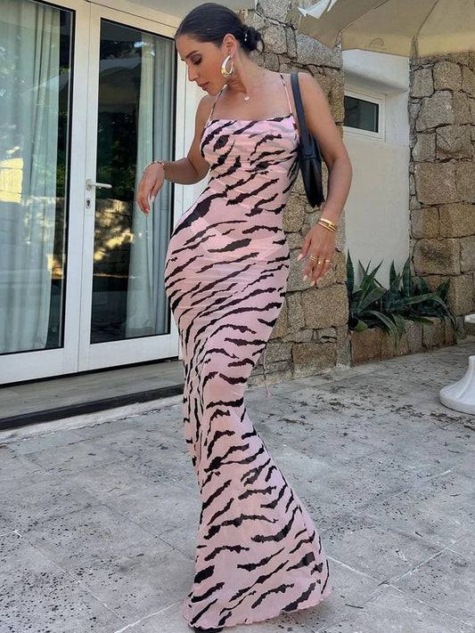 Mesh Zebra Backless Lace Up See Through Maxi Dress