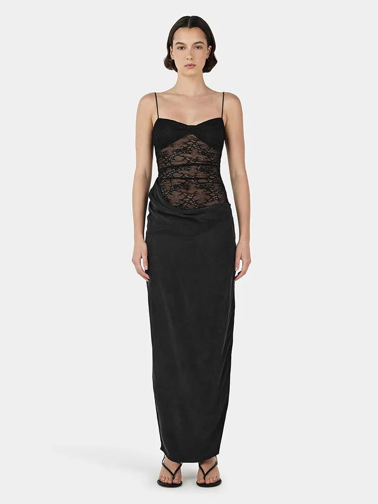 Lace Splice Long Spaghetti Strap Dress High Slit Dress
