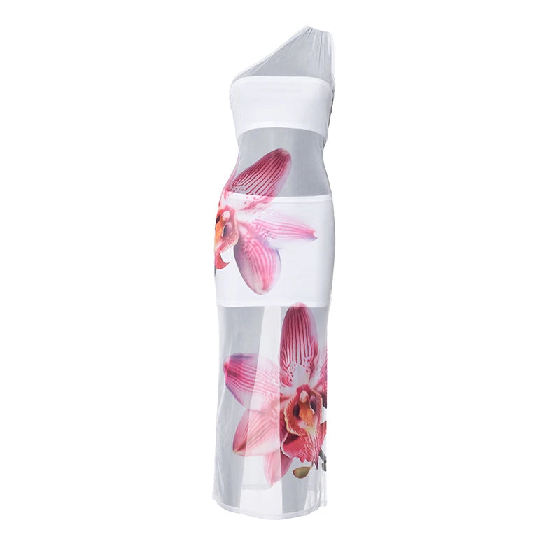 Spring 'S Slant Shoulder Orchid Print Mesh See-Through Patchwork Strapless Short Dress Lined Dress