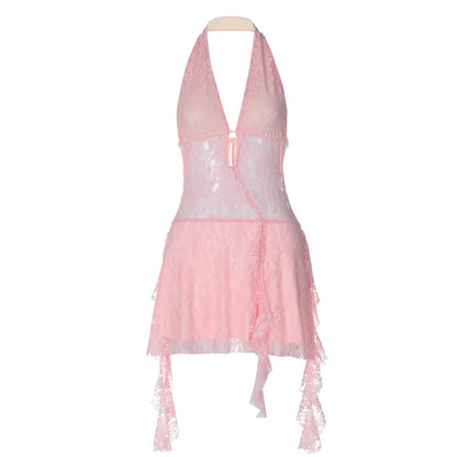 Lace Backless Mini Dress with V-Neckline