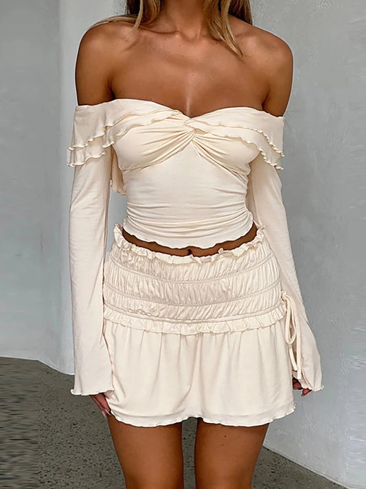 Off Shoulder Ruched Top Mini Skirt Set