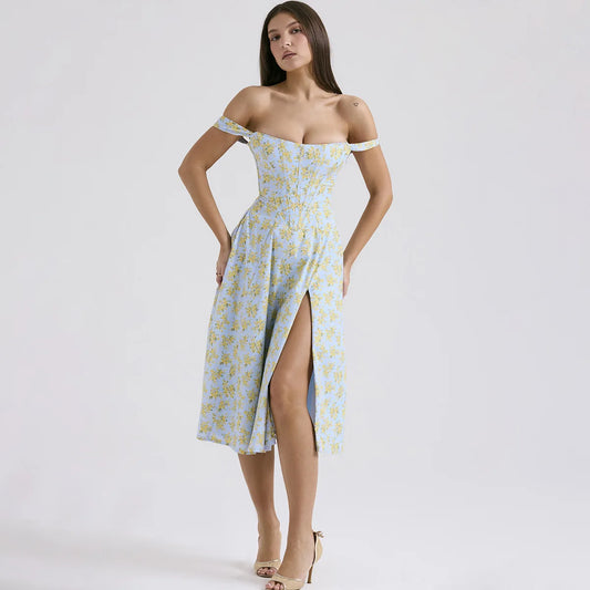 Off-Shoulder Corset Midi Dress