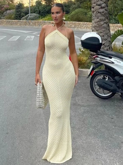 Yellow Knit Stripe Halter Maxi Dress