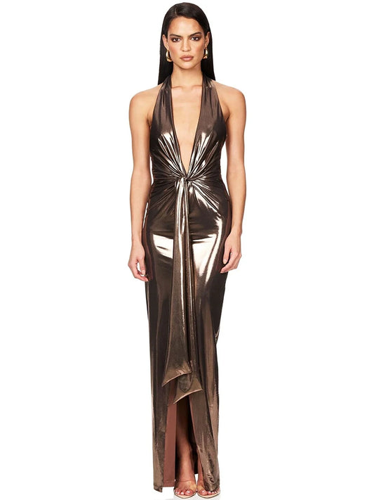 Gold Shiny Backless Maxi Dress
