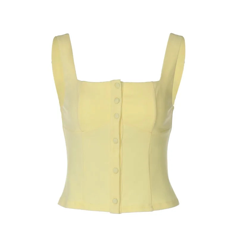 Button Up Square Neck Low Cut Tank Top