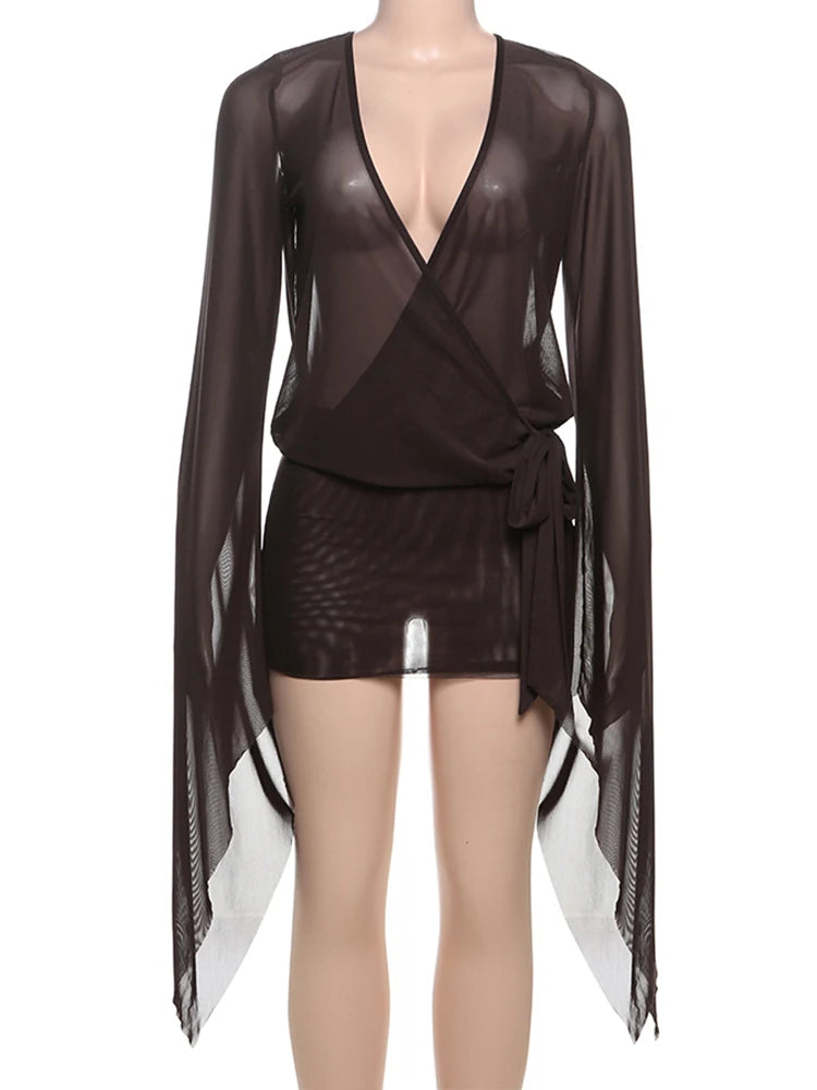 Mesh Dress Cross Low-Neck Backless Flare Sleeve Coquette Bodycon