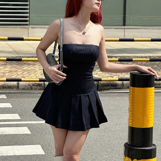 Blue A-line Pleated Slim Mini Dress