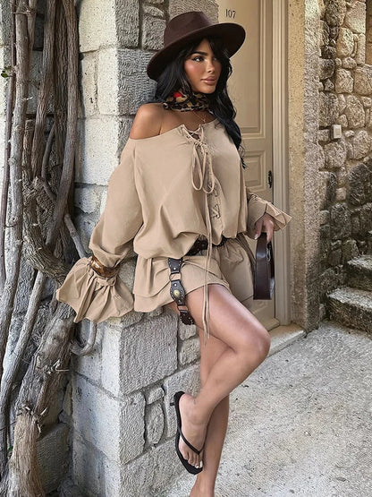 Khaki Lantern Sleeve Mini Dress
