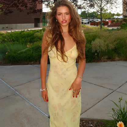 Yellow Floral Backless Ruffle Midi Dress