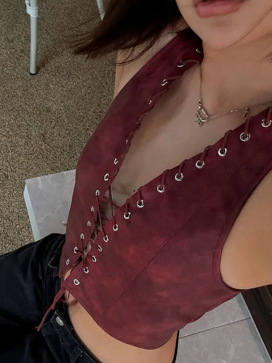 Red PU Sleeveless Halter Backless Top