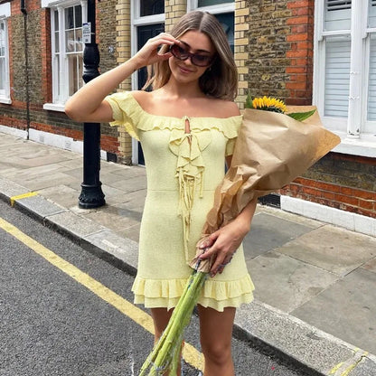 Yellow Ruffled Off Shoulder Short Dress