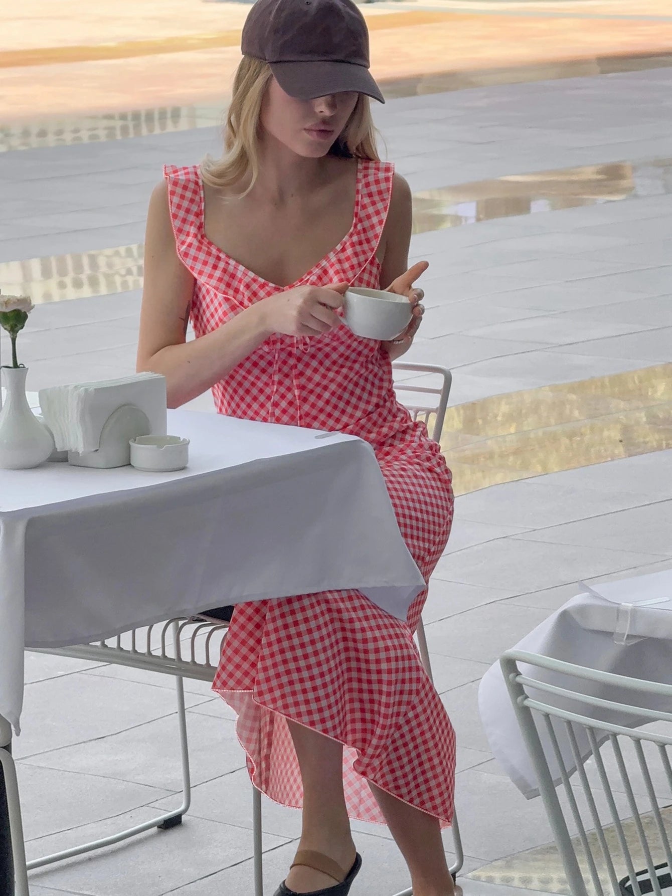 Red V-Neck Sleeveless Backless Plaid Long Dress