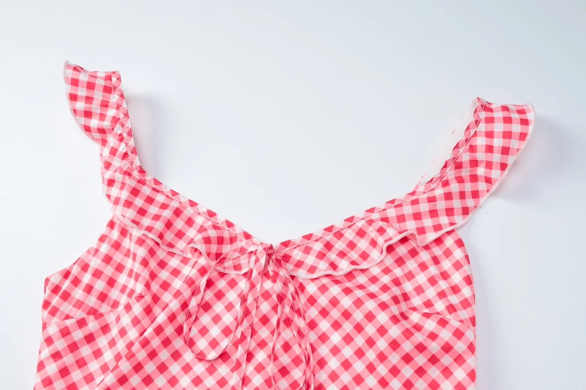 Red V-Neck Sleeveless Backless Plaid Long Dress
