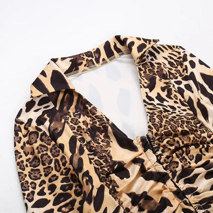 Leopard V-Neck Ruched Long Sleeve Top