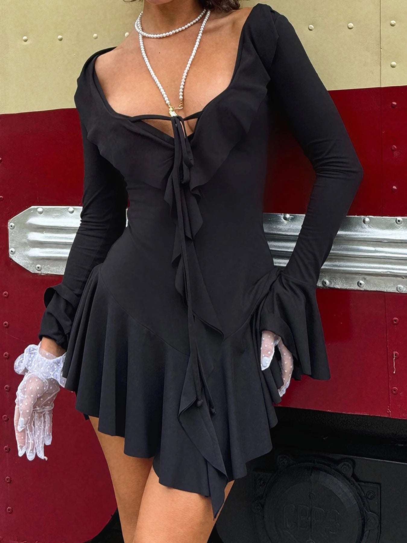 Ruffles Patchwork s Dress Lace-up Long Sleeves Corset 's Pullover