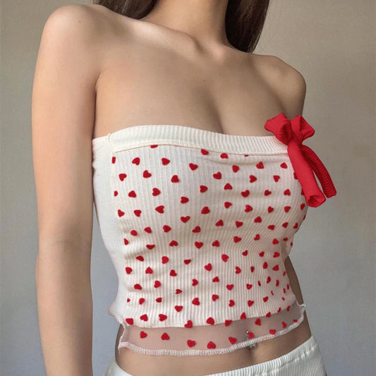 Red Strapless Polka Dot Lace Crop Top