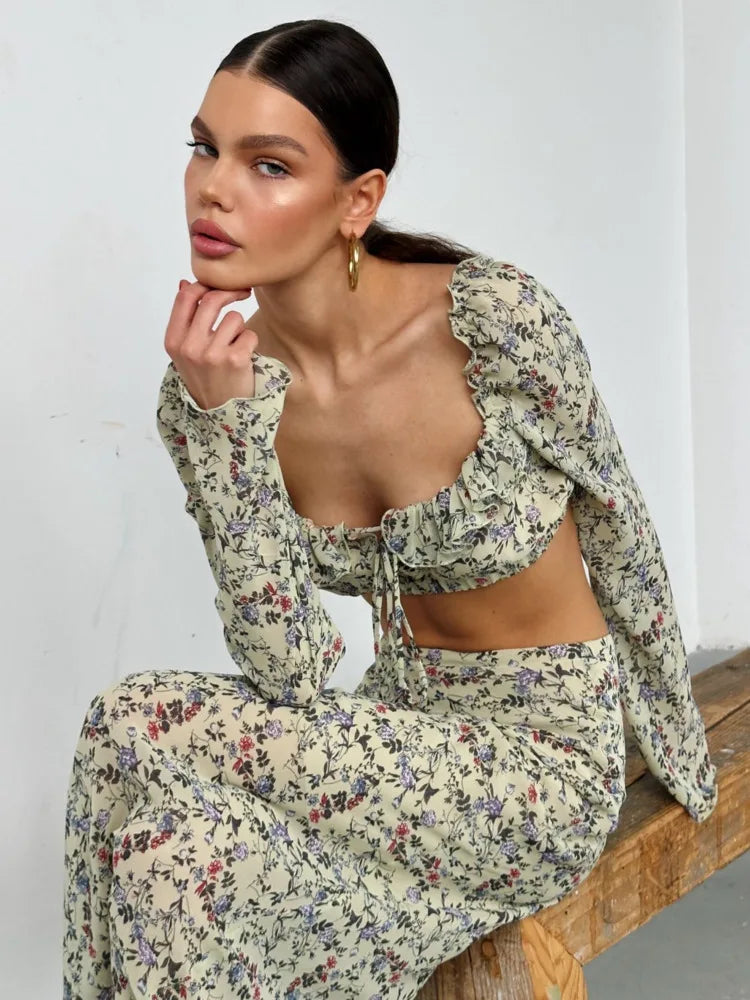 Floral Top and Maxi Skirt Two Piece Set