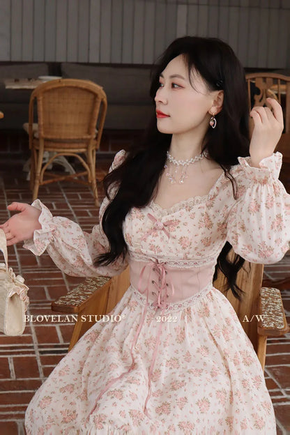 Spring Pink Floral A-Line Dress with Lace Detail