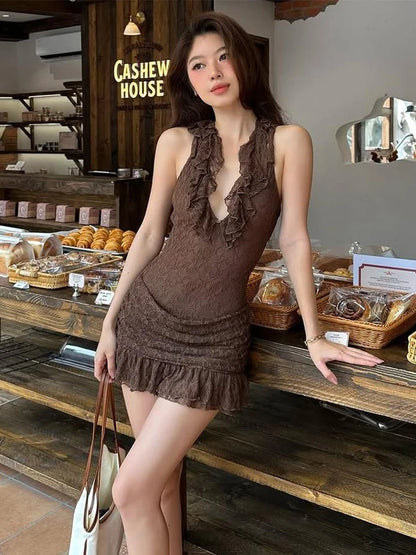 Lace Halter Mini Dress with 3D Flower Ornaments