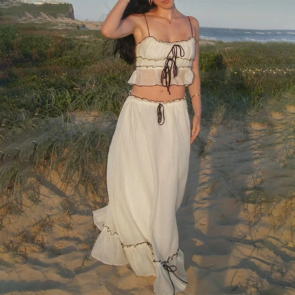 White Mesh Lace Top & Maxi Skirt Set White