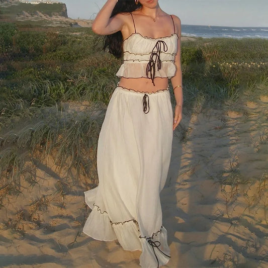 White Mesh See-Through Top and Maxi Skirt Set