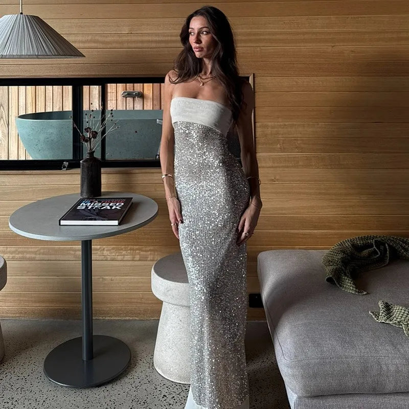 Sequined Strapless Backless Slit Maxi Dress