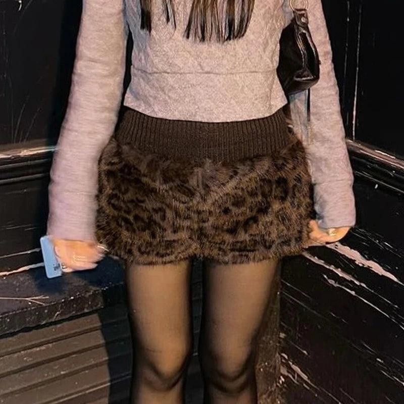 Leopard Print Furry Patchwork Shorts Indie Folk Bottoms
