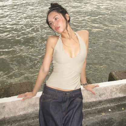 Khaki Backless Sleeveless Halter Tank Top