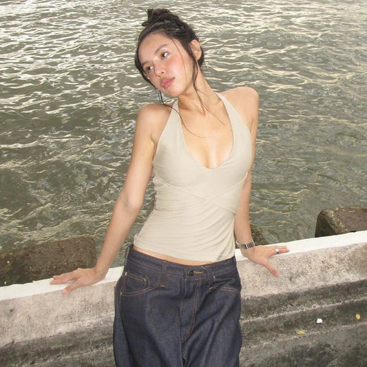 Khaki Backless Sleeveless Halter Tank Top