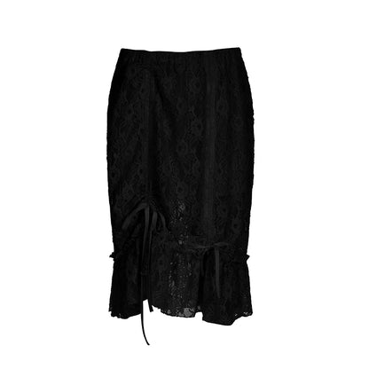 Shirring Long Skirts Knee-Length with Lace Detail Black