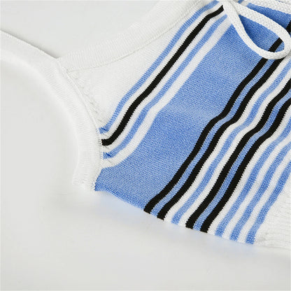 Patchwork Stripe Set: Sleeveless Lace-Up Vest & High Waist Pants