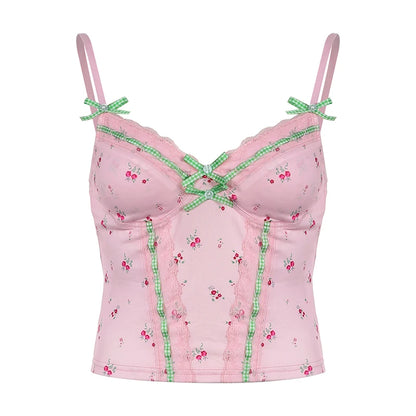 Pink Floral Lace Bow Camisole