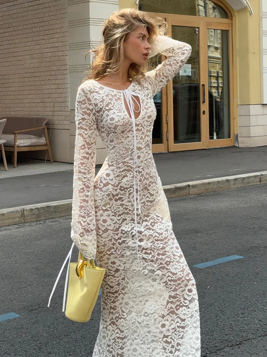 White Sheer Lace Long Sleeves Maxi Dress